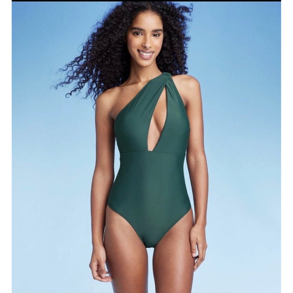 Shade & Shore One Shoulder Cut Out One Piece Swimsuit Green Size M 8-10 NEW NWT